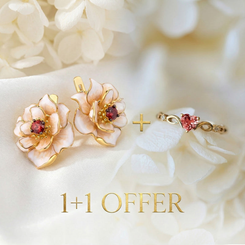 1+1 Offer: Zirconia Heart Ring + White Enamel Blossom Gold Earrings