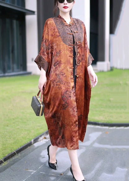 Loose Orange Button Patchwork Thin Silk Long Coats Bracelet Sleeve