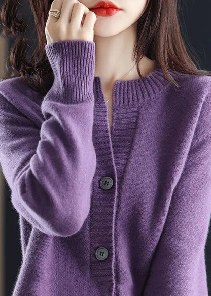 Slim Fit Purple O-neck Button Thick Woolen Knit Coats Winter