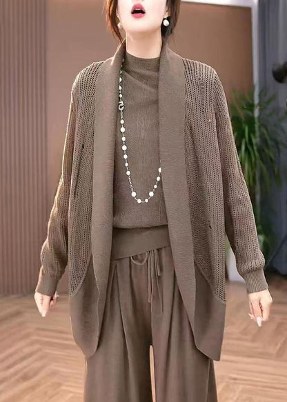 Coffee Hollow Out Knit Cardigans Winter