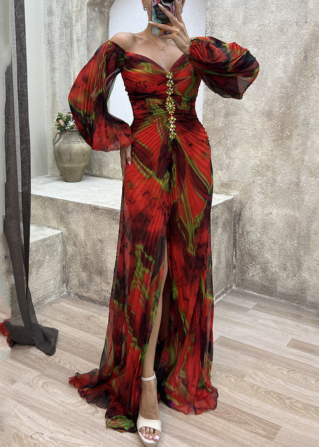 Red Side Open Cotton Long Dresses V Neck Long Sleeve