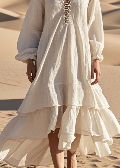 White Oversized Ruffles Cotton Long Dress Fall