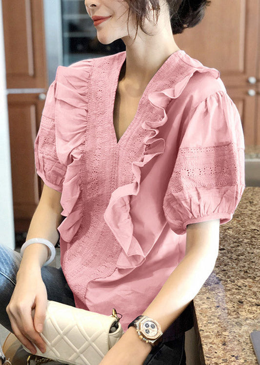 Pink V Neck Ruffled Top Short Sleeve