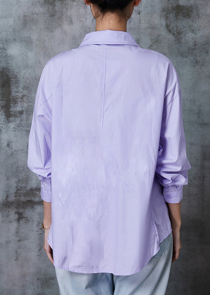 Modern Purple Wrinkled Pockets Cotton Blouse Tops Summer