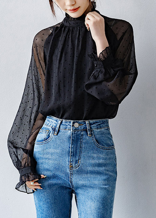 Black Ruffled Dot Thin Chiffon Shirts Fall