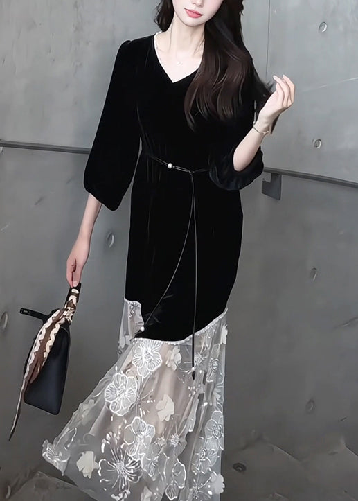 Handmade Black V Neck Tulle Patchwork Silk Velvet Long Dress Bracelet Sleeve