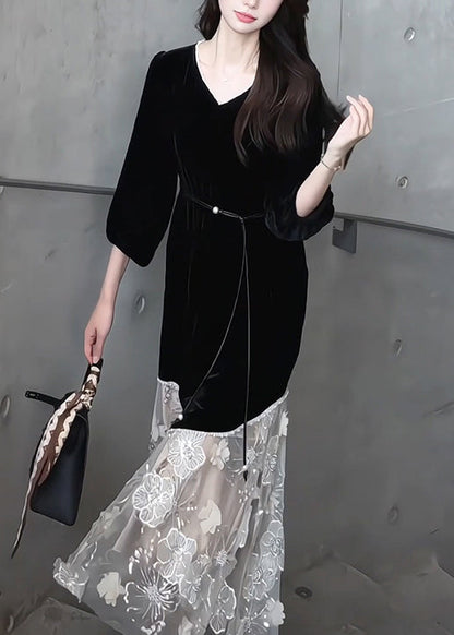 Handmade Black V Neck Tulle Patchwork Silk Velvet Long Dress Bracelet Sleeve