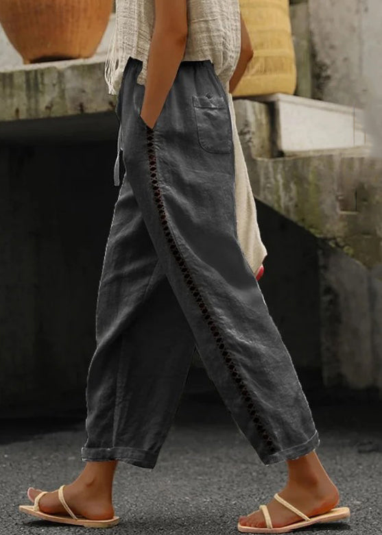 White Pockets Elastic Waist Cotton Crop Pants Summer