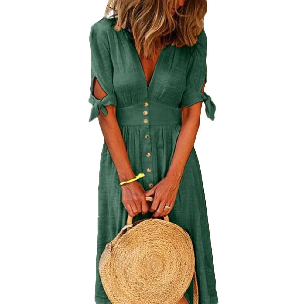 Color Deep V Neck Tied Half Sleeve Button Party Long Dress Summer Party Female Clothes Vestidos