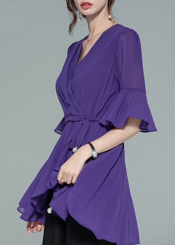 Green Asymmetrical Lace Up Chiffon Shirt Half Sleeve