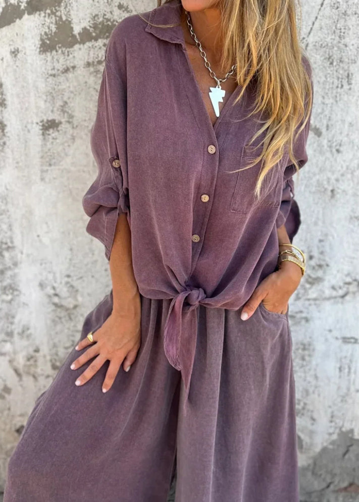 Loose Khaki Tops and Pants Cotton 2 Piece Outfit Fall