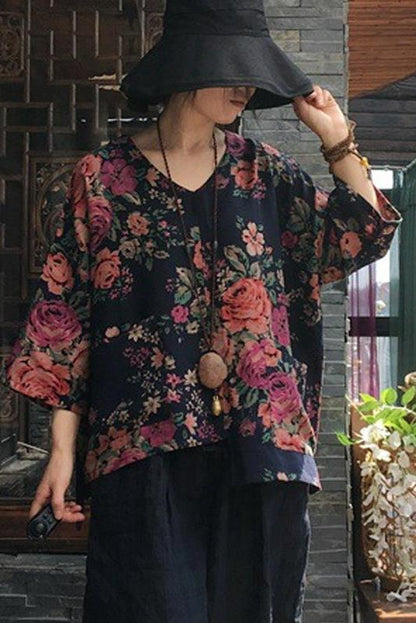 Limited Stock- Print V-neck Long Sleeve Cotton Blouse