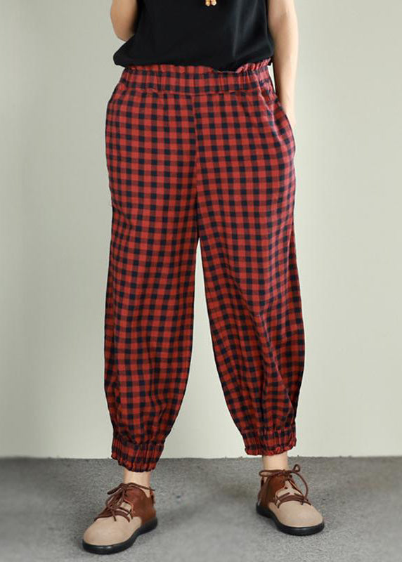 Plaid Linen Cotton Ankle Length Pants