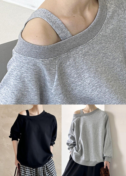 Black Cold Shoulder Cotton T Shirts Fall