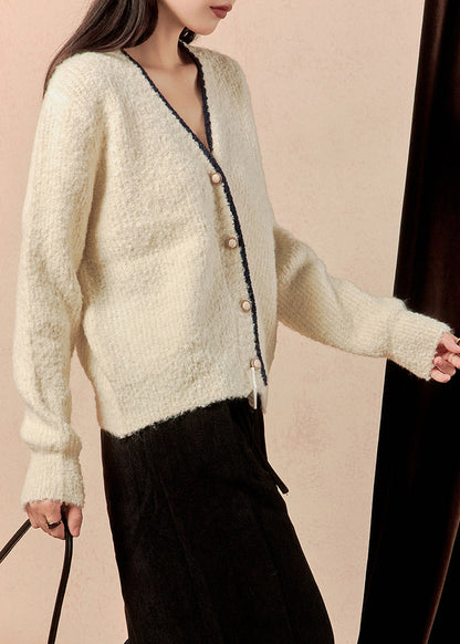 Simple Beige V Neck Button Knit Cardigan Winter
