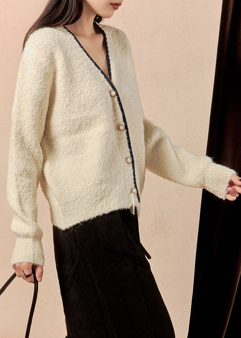 Simple Beige V Neck Button Knit Cardigan Winter
