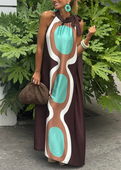 Coffee Lace Up Print Cotton Long Dresses Sleeveless