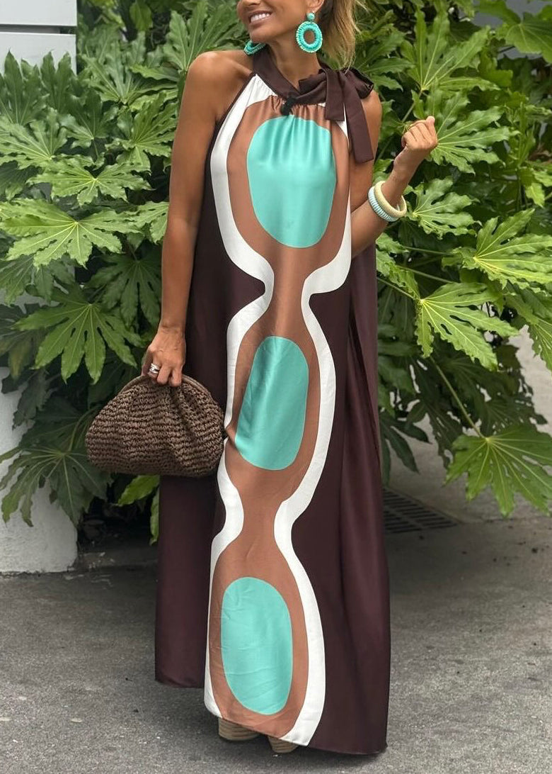 Coffee Lace Up Print Cotton Long Dresses Sleeveless