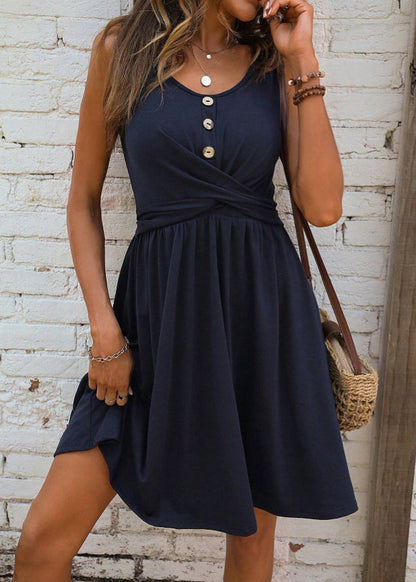 New Pink O Neck Wrinkled Cotton Mid Dress Sleeveless