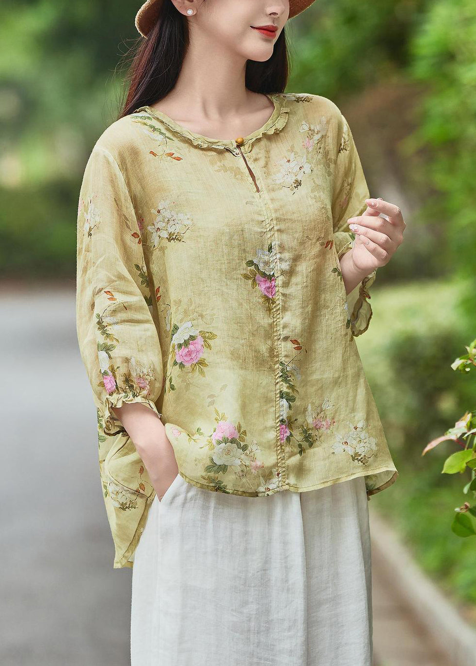 Yellow Ruffled Print Linen Blouse Bracelet Sleeve