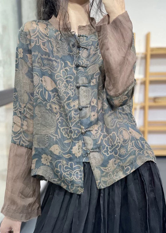 Blue Stand Collar Print Chinese Button Ramie Linen Top Long Sleeve