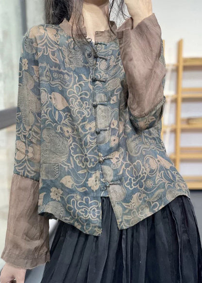 Blue Stand Collar Print Chinese Button Ramie Linen Top Long Sleeve