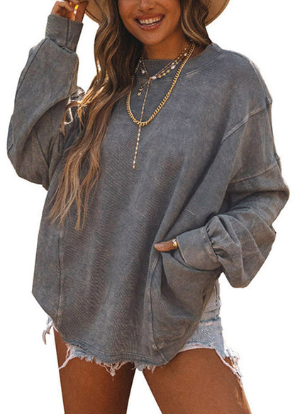 Loose Grey Slash Neck Cotton Sweatshirts Top Fall