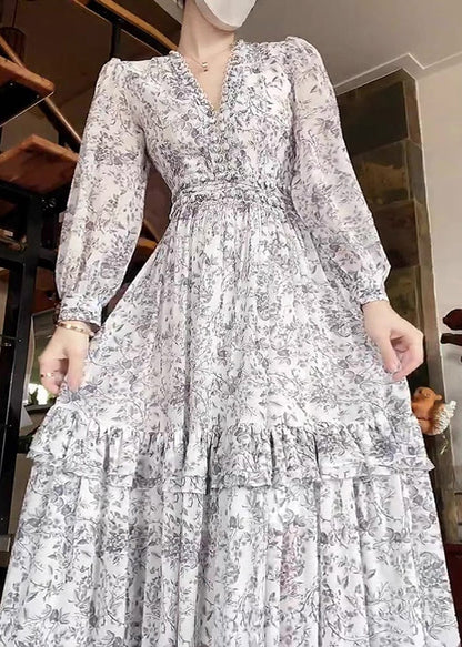 White Ruffled Print Chiffon Dress Long Sleeve