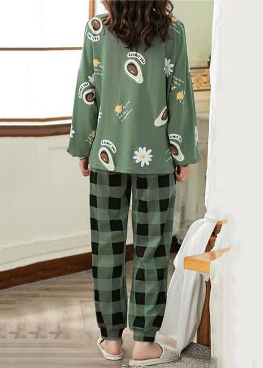 Green Print T Ahirt and Plaid Pants Cotton Pajamas Two Pieces Set Fall