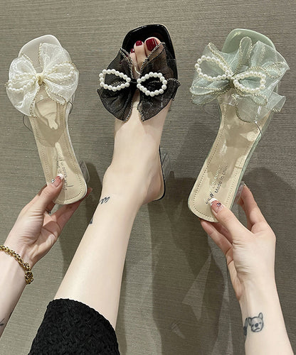 Beige Chunky Heels Diy Bow Pearl Splicing Slide Sandals