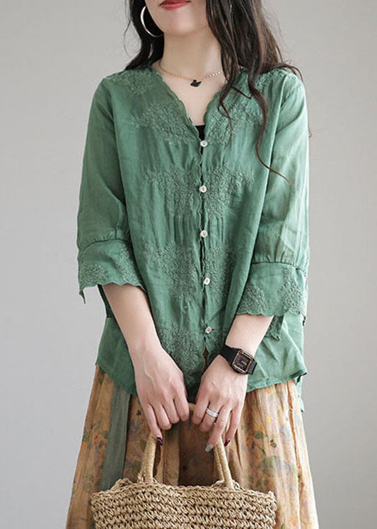 Aqua Green Patchwork Linen Shirt Embroidered Half Sleeve