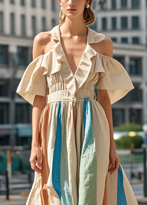 Khaki Cold Shoulder Striped Cotton Maxi Dresses Summer
