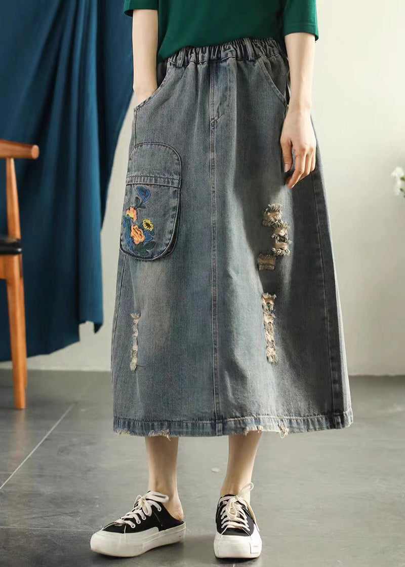 Light Blue Embroidered Patchwork Cotton Long Skirt Summer
