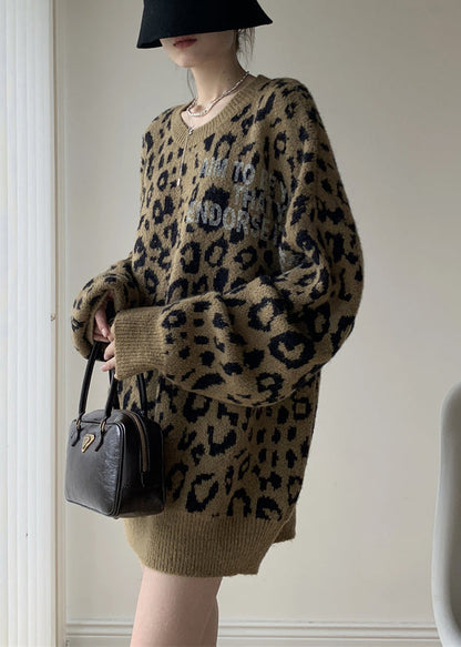 Khaki Leopard O Neck Cozy Knit Sweater Winter
