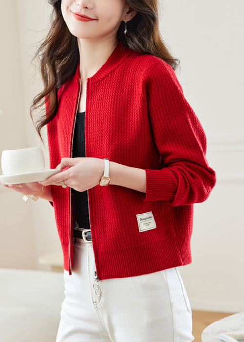 New Red Stand Collar Zip Up Knit Coat Fall