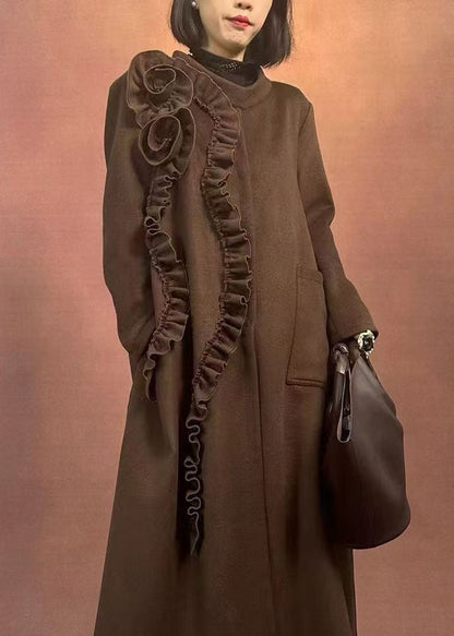 Fine Coffee O-neck Ruffled Patchwork Pockets Woolen Long Coats Winter