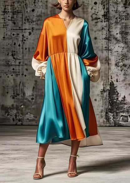 Orange Oversized Patchwork Silk Vacation Dresses Spring