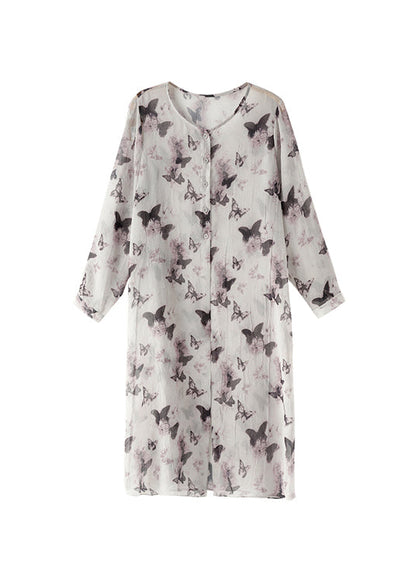 Organic Grey O Neck Print Chiffon Upf 50+ Coat Summer