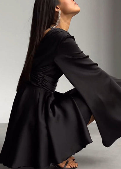 Brown V Neck High Waist Silk Mini Dresses Flare Sleeve