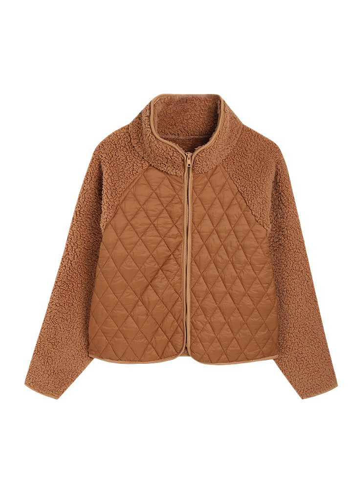 French Brown Stand Collar Patchwork Faux Fur Jackets Fall
