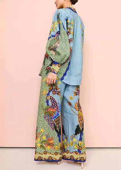 Green Peter Pan Collar Print Shirts and Wide Leg Pants Two Pieces Set Fall