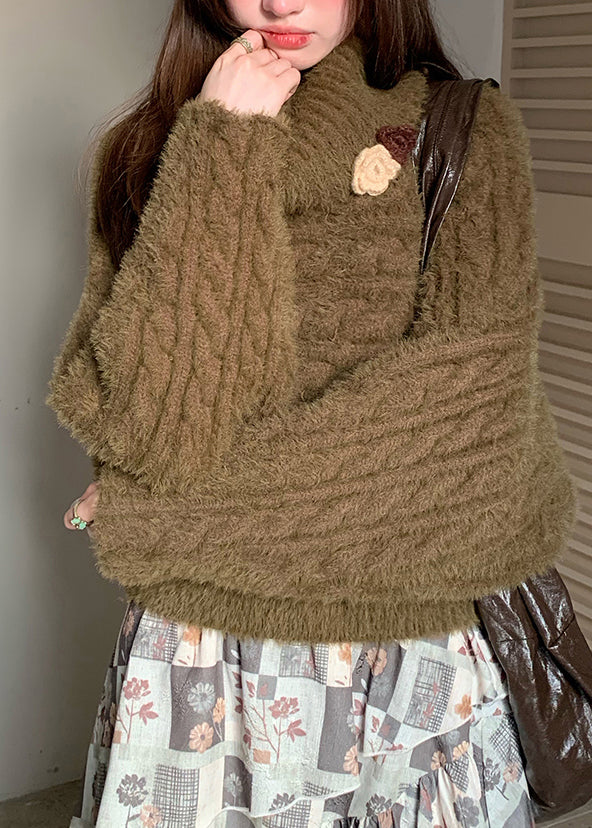 Loose Green Turtleneck Cozy Cotton Knit Sweaters Fall