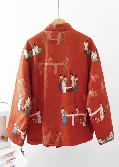 Orange Print Pockets Fine Cotton Filled Oriental Coats Winter