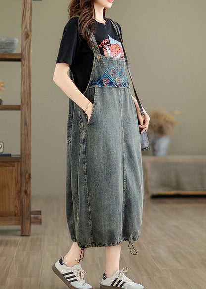 Grey Pockets Patchwork Drawstring Denim Maxi Dresses Summer