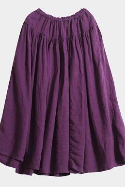 Summer Green and Purple Loose Linen Skirt for