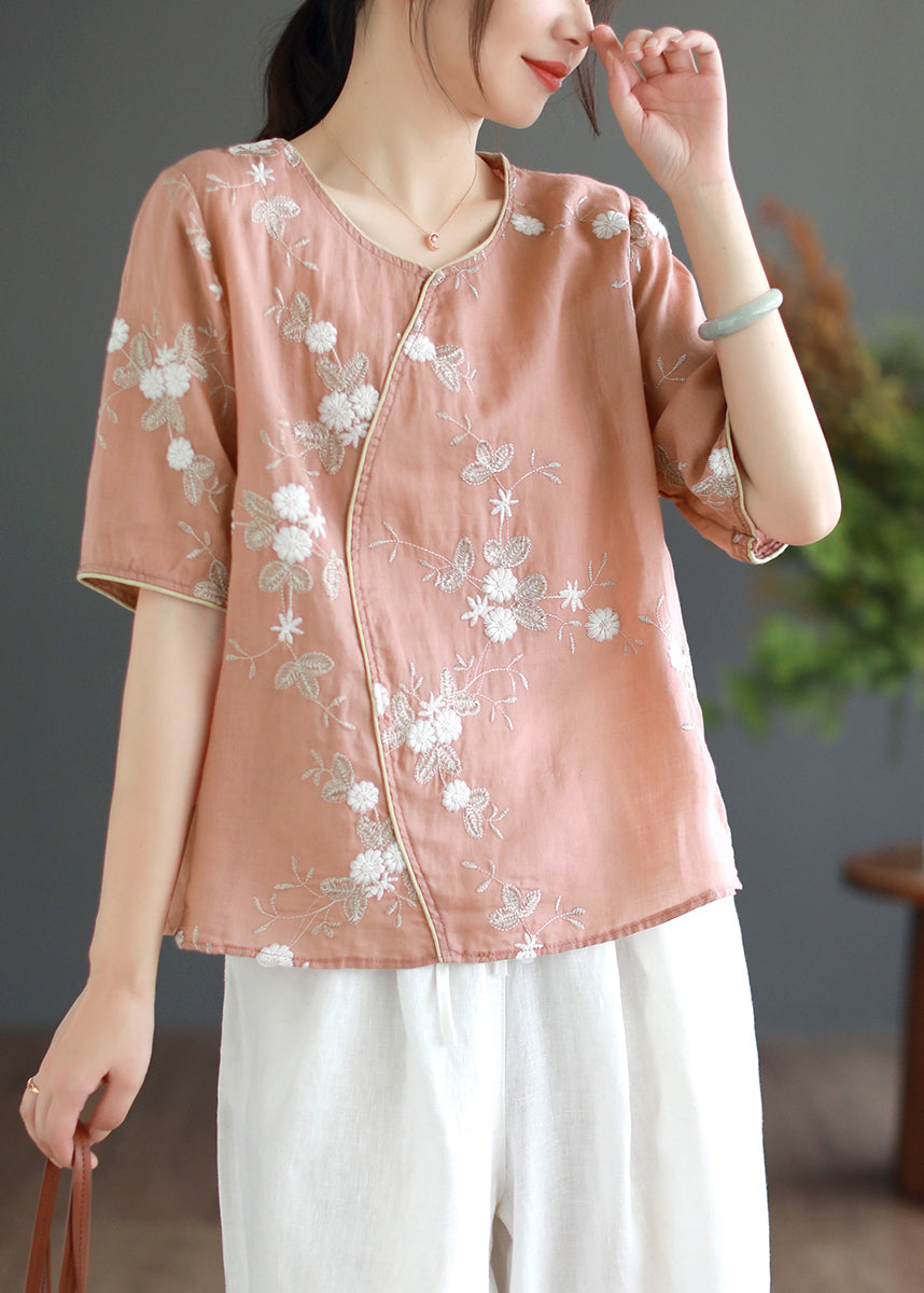 Red O-neck Embroidered Linen Tops Half Sleeve
