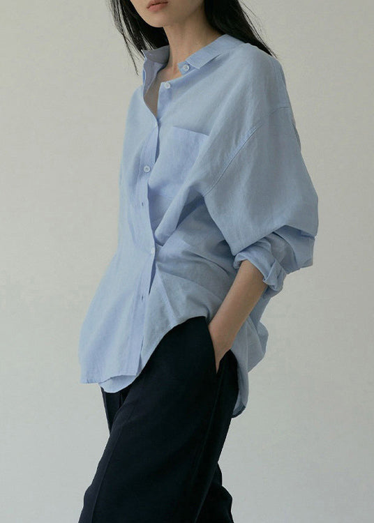 Loose Blue Peter Pan Collar Pockets Button Cotton Shirt Spring