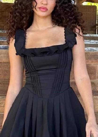 Black Ruffled Cotton Mid Dress Sleeveless