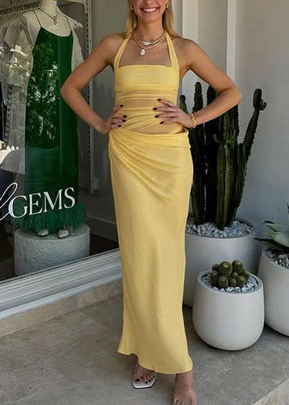 New White Neck Hanging Tulle Patchwork Fish Tail Long Dress