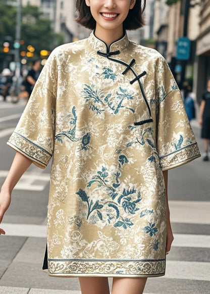 Khaki Print Chinese Style Mini Dresses Half Sleeve
